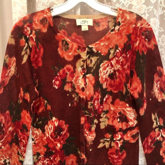 ANN TAYLOR LOFT * NWOT Rust Rose Floral Cardigan - Picture 2 of 8